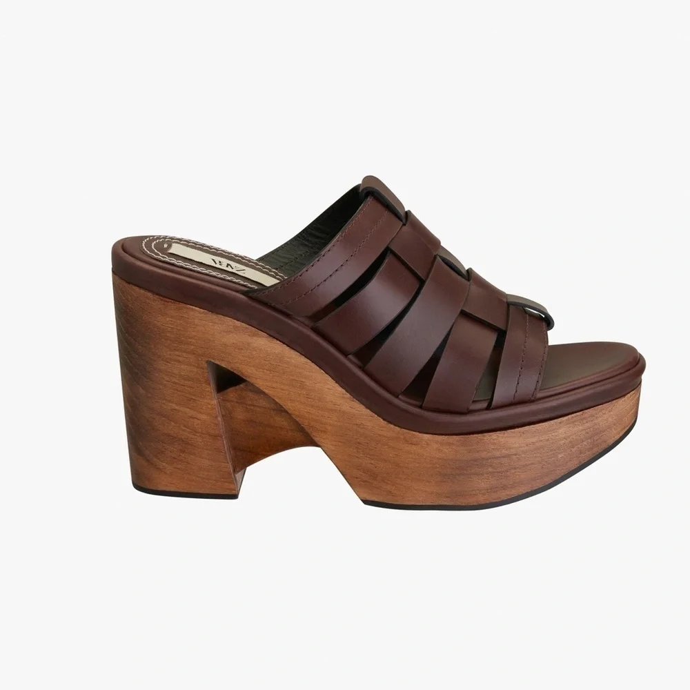 NWT. Zara Brown Unique Leather and Wood Strappy Sandals. Size 9. - Picture 2 of 7